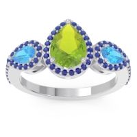 Peridot Ring In 14k White Gold With Swiss Blue Topaz And Blue Sapphire Varsana Pear Three-stone Ring