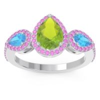 Peridot Ring In 14k White Gold With Swiss Blue Topaz And Pink Tourmaline Varsana Pear Three-stone Ring
