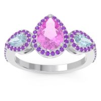 Pink Tourmaline Ring In Palladium With Aquamarine And Amethyst Varsana Pear Three-stone Ring