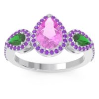 Pink Tourmaline Ring In Palladium With Emerald And Amethyst Varsana Pear Three-stone Ring