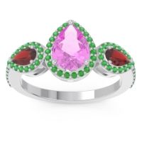 Pink Tourmaline Ring In Palladium With Garnet And Emerald Varsana Pear Three-stone Ring