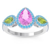 Pink Tourmaline Ring In Palladium With Peridot And Swiss Blue Topaz Varsana Pear Three-stone Ring