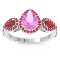 Pink Tourmaline Ring In Palladium With Ruby Varsana Pear Three-stone Ring