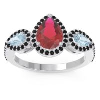 Ruby Ring In 14k White Gold With Aquamarine And Black Onyx Varsana Pear Three-stone Ring
