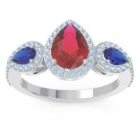 Ruby Ring In Palladium With Blue Sapphire And Aquamarine Varsana Pear Three-stone Ring