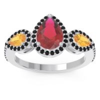 Ruby Ring In 18k White Gold With Citrine And Black Onyx Varsana Pear Three-stone Ring