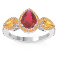 Ruby Ring In Platinum With Citrine Varsana Pear Three-stone Ring