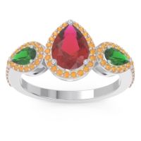 Ruby Ring In Palladium With Emerald And Citrine Varsana Pear Three-stone Ring