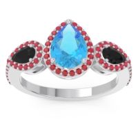 Swiss Blue Topaz Ring In Palladium With Black Onyx And Ruby Varsana Pear Three-stone Ring