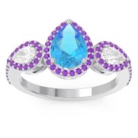 Swiss Blue Topaz Ring In Palladium With Lab Diamond And Amethyst Varsana Pear Three-stone Ring