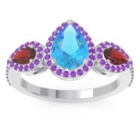Swiss Blue Topaz Ring In Palladium With Garnet And Amethyst Varsana Pear Three-stone Ring