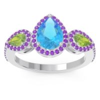 Swiss Blue Topaz Ring In Palladium With Peridot And Amethyst Varsana Pear Three-stone Ring