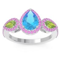 Swiss Blue Topaz Ring In Palladium With Peridot And Pink Tourmaline Varsana Pear Three-stone Ring