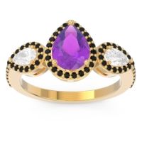 Amethyst Ring In 14k Yellow Gold With Diamond And Black Onyx Varsana Pear Three-stone Ring