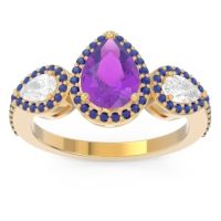 Amethyst Ring In 14k Yellow Gold With Lab Diamond And Blue Sapphire Varsana Pear Three-stone Ring