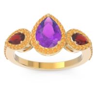 Amethyst Ring In 18k Yellow Gold With Garnet And Citrine Varsana Pear Three-stone Ring
