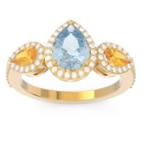 Aquamarine Ring In 14k Yellow Gold With Citrine And Lab Diamond Varsana Pear Three-stone Ring