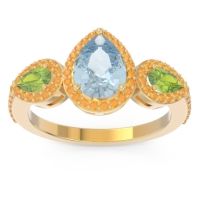 Aquamarine Ring In 18k Yellow Gold With Peridot And Citrine Varsana Pear Three-stone Ring