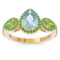 Aquamarine Ring In 18k Yellow Gold With Peridot And Emerald Varsana Pear Three-stone Ring