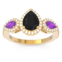 Black Onyx Engagement Ring In 14k Yellow Gold With Amethyst And Diamond - Varsana Pear Three-stone Ring