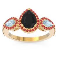 Black Onyx Ring In 14k Yellow Gold With Aquamarine And Ruby Varsana Pear Three-stone Ring