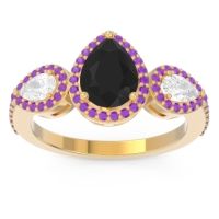 Black Onyx Ring In 14k Yellow Gold With Diamond And Amethyst Varsana Pear Three-stone Ring