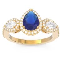 Blue Sapphire Engagement Ring In 14k Yellow Gold With Lab Diamond And Diamond - Varsana Pear Three-stone Ring