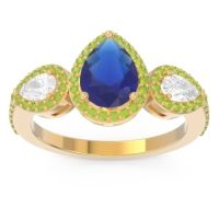 Blue Sapphire Ring In 14k Yellow Gold With Lab Diamond And Peridot Varsana Pear Three-stone Ring