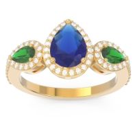Blue Sapphire Ring In 18k Yellow Gold With Emerald And Lab Diamond Varsana Pear Three-stone Ring