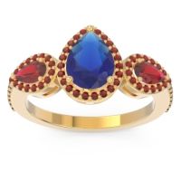 Blue Sapphire Ring In 18k Yellow Gold With Ruby And Garnet Varsana Pear Three-stone Ring
