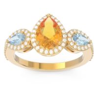 Citrine Ring In 14k Yellow Gold With Aquamarine And Lab Diamond Varsana Pear Three-stone Ring