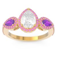 Lab Diamond Ring In 14k Yellow Gold With Amethyst And Pink Tourmaline Varsana Pear Three-stone Ring