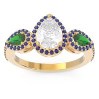 Lab Diamond Ring In 14k Yellow Gold With Emerald And Blue Sapphire Varsana Pear Three-stone Ring