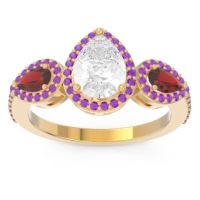 Lab Diamond Ring In 14k Yellow Gold With Garnet And Amethyst Varsana Pear Three-stone Ring