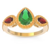 Emerald Ring In 18k Yellow Gold With Garnet And Citrine Varsana Pear Three-stone Ring