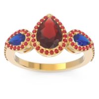 Garnet Ring In 14k Yellow Gold With Blue Sapphire And Ruby Varsana Pear Three-stone Ring