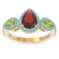 Garnet Ring In 14k Yellow Gold With Peridot And Swiss Blue Topaz Varsana Pear Three-stone Ring