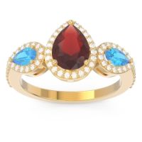 Garnet Ring In 18k Yellow Gold With Swiss Blue Topaz And Lab Diamond Varsana Pear Three-stone Ring