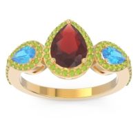 Garnet Ring In 14k Yellow Gold With Swiss Blue Topaz And Peridot Varsana Pear Three-stone Ring