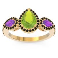 Peridot Ring In 14k Yellow Gold With Amethyst And Black Onyx Varsana Pear Three-stone Ring