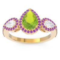 Peridot Ring In 14k Yellow Gold With Lab Diamond And Amethyst Varsana Pear Three-stone Ring