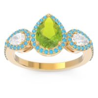 Peridot Ring In 18k Yellow Gold With Diamond And Swiss Blue Topaz Varsana Pear Three-stone Ring