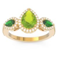 Peridot Ring In 18k Yellow Gold With Emerald And Lab Diamond Varsana Pear Three-stone Ring