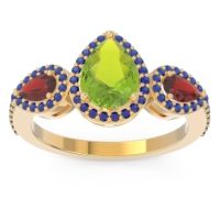 Peridot Ring In 14k Yellow Gold With Garnet And Blue Sapphire Varsana Pear Three-stone Ring