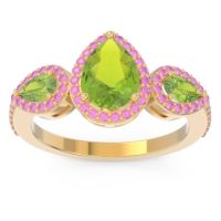 Peridot Ring In 18k Yellow Gold With Pink Tourmaline Varsana Pear Three-stone Ring