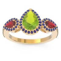 Peridot Ring In 18k Yellow Gold With Ruby And Blue Sapphire Varsana Pear Three-stone Ring