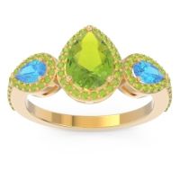 Peridot Ring In 18k Yellow Gold With Swiss Blue Topaz Varsana Pear Three-stone Ring