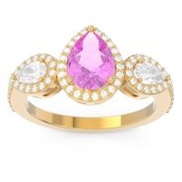 Pink Tourmaline Engagement Ring In 14k Yellow Gold With Lab Diamond And Diamond - Varsana Pear Three-stone Ring