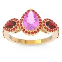 Pink Tourmaline Ring In 18k Yellow Gold With Garnet And Ruby Varsana Pear Three-stone Ring