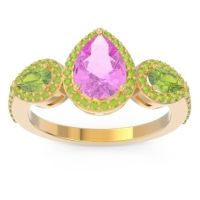 Pink Tourmaline Ring In 18k Yellow Gold With Peridot Varsana Pear Three-stone Ring